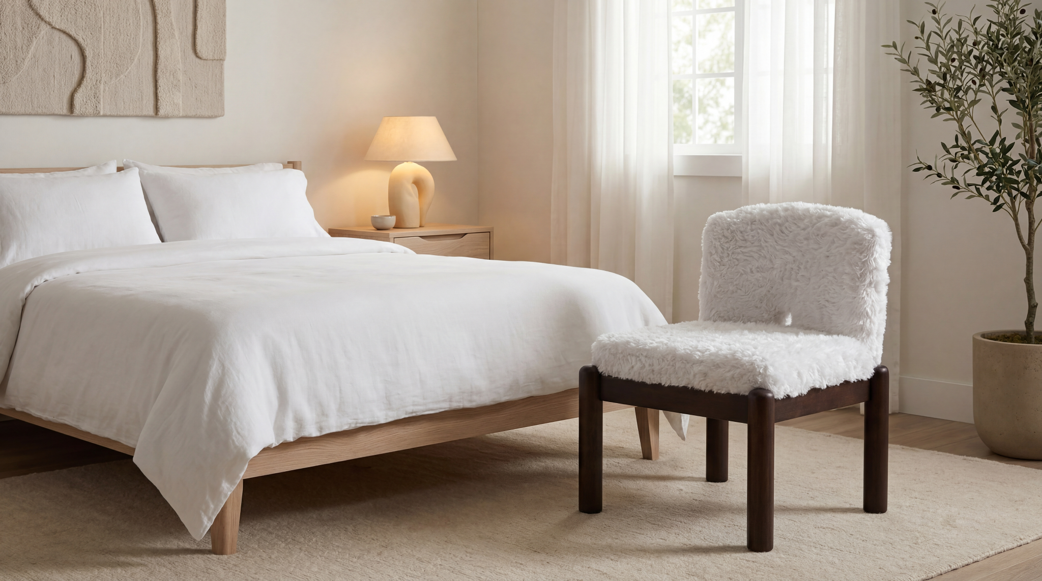 Plush white faux fur accent chair with dark wood legs positioned at the foot of a bed in a bright, airy bedroom setting