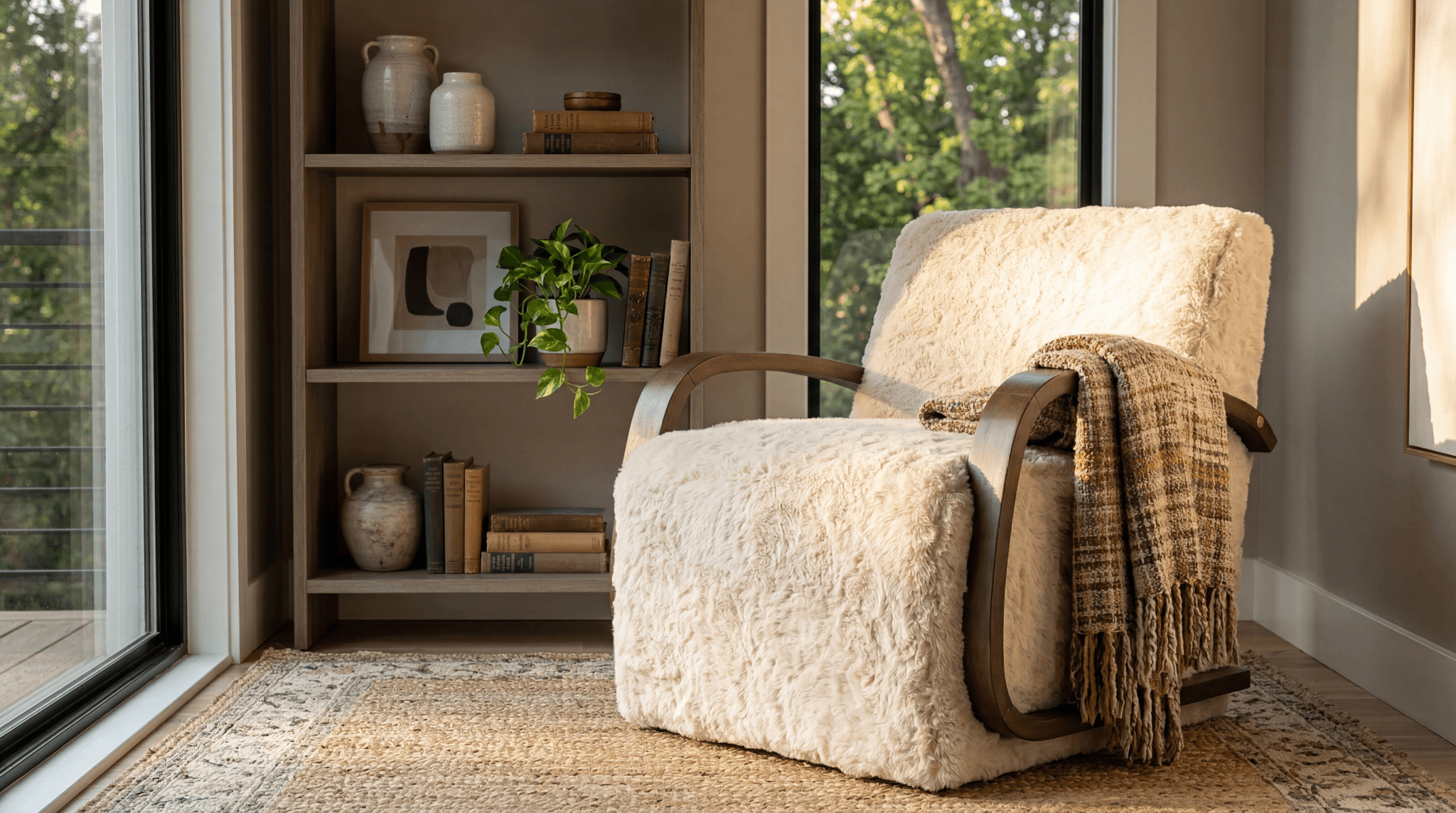 Ivory faux fur accent chair with curved wooden arms and a draped plaid throw blanket in a sunlit reading nook beside a bookshelf
