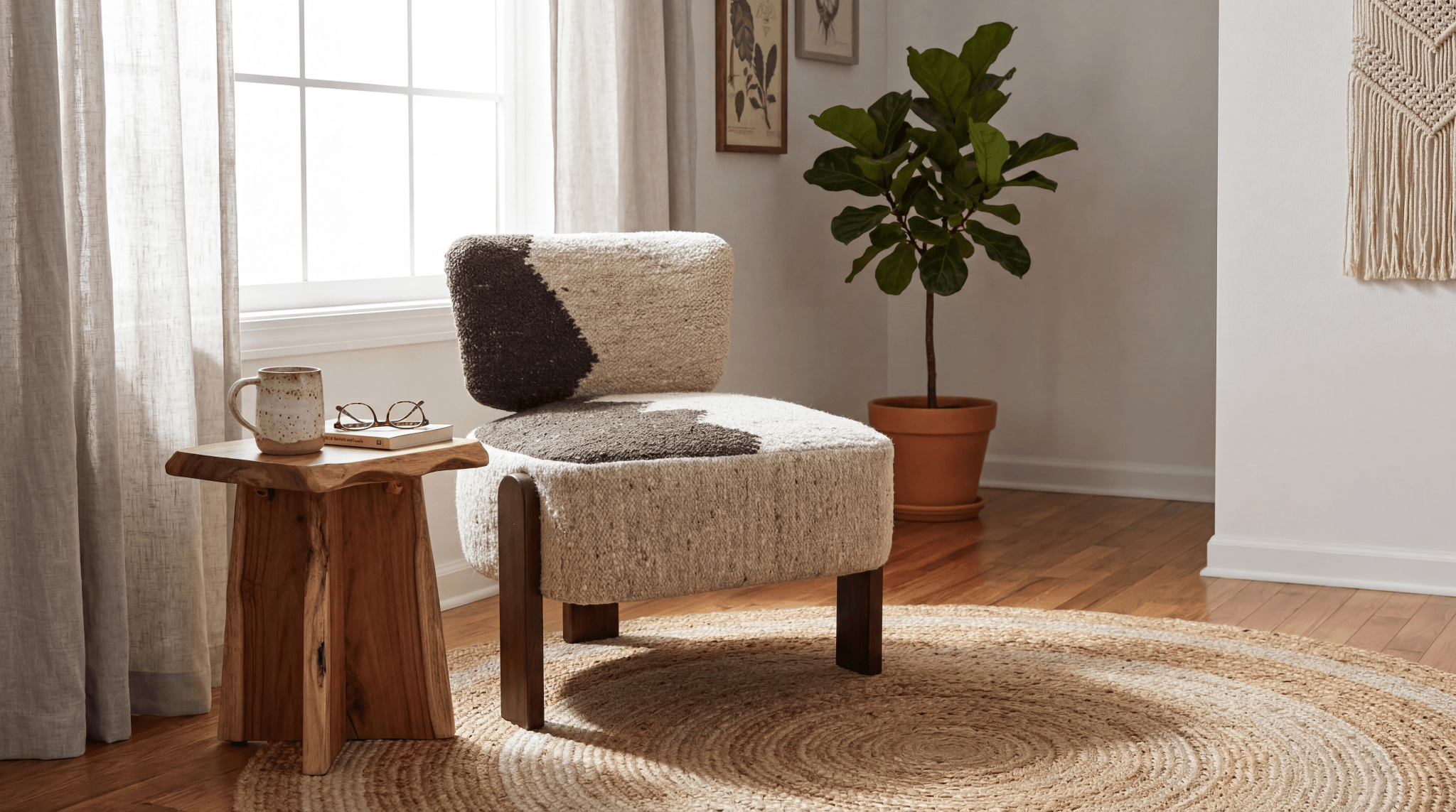 Brown and ivory textured accent chair with dark wood legs styled in a cozy living room corner with a jute rug, wooden side table, and fiddle leaf fig plant