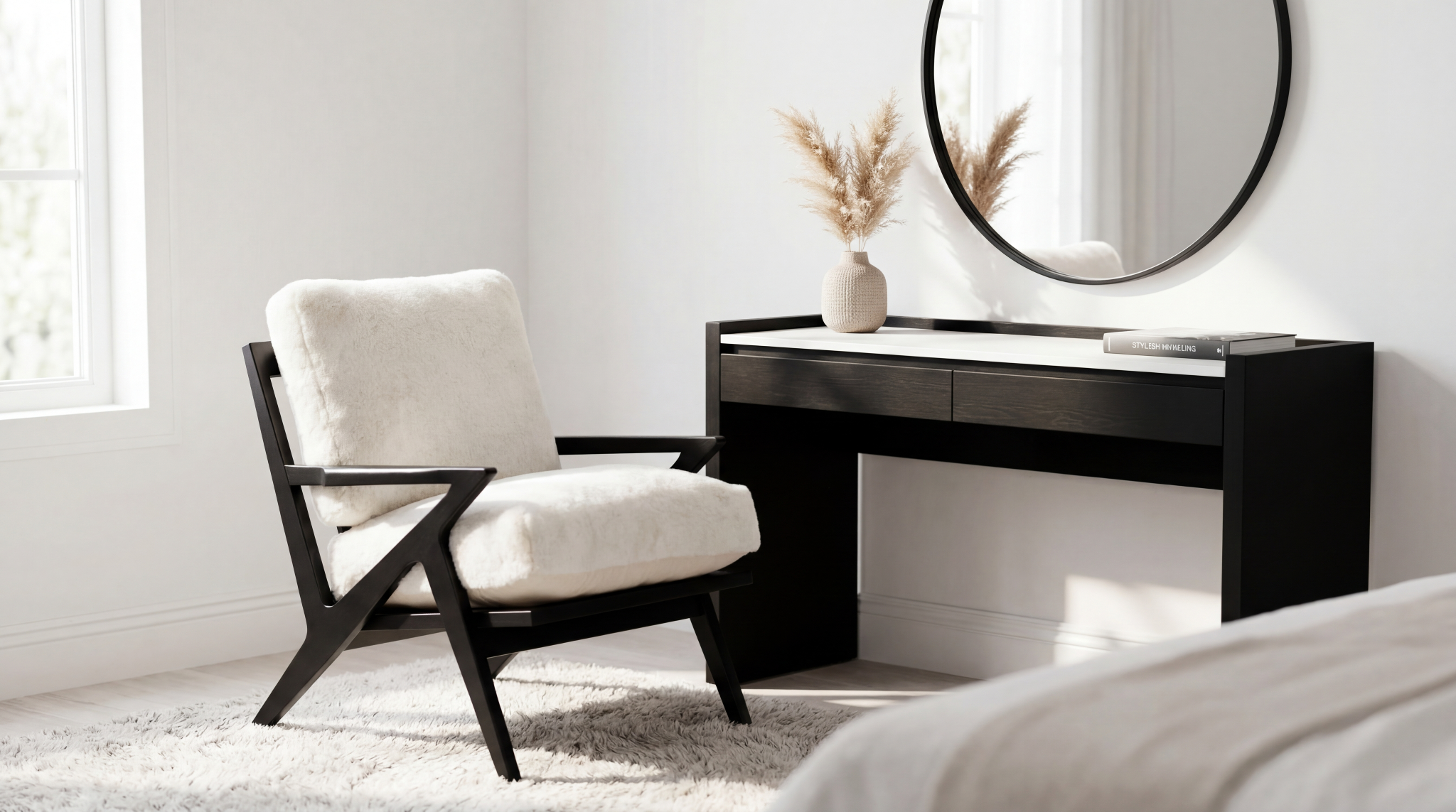 Ivory faux fur accent chair with sleek black angular legs placed beside a modern dark wood vanity table in a minimalist bedroom