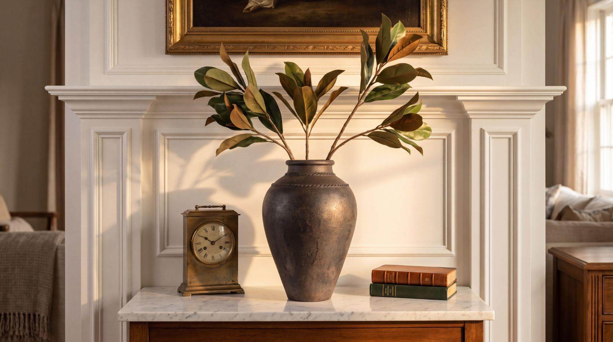 Bronze ceramic vase with magnolia branches styled on a traditional mantel with vintage clock