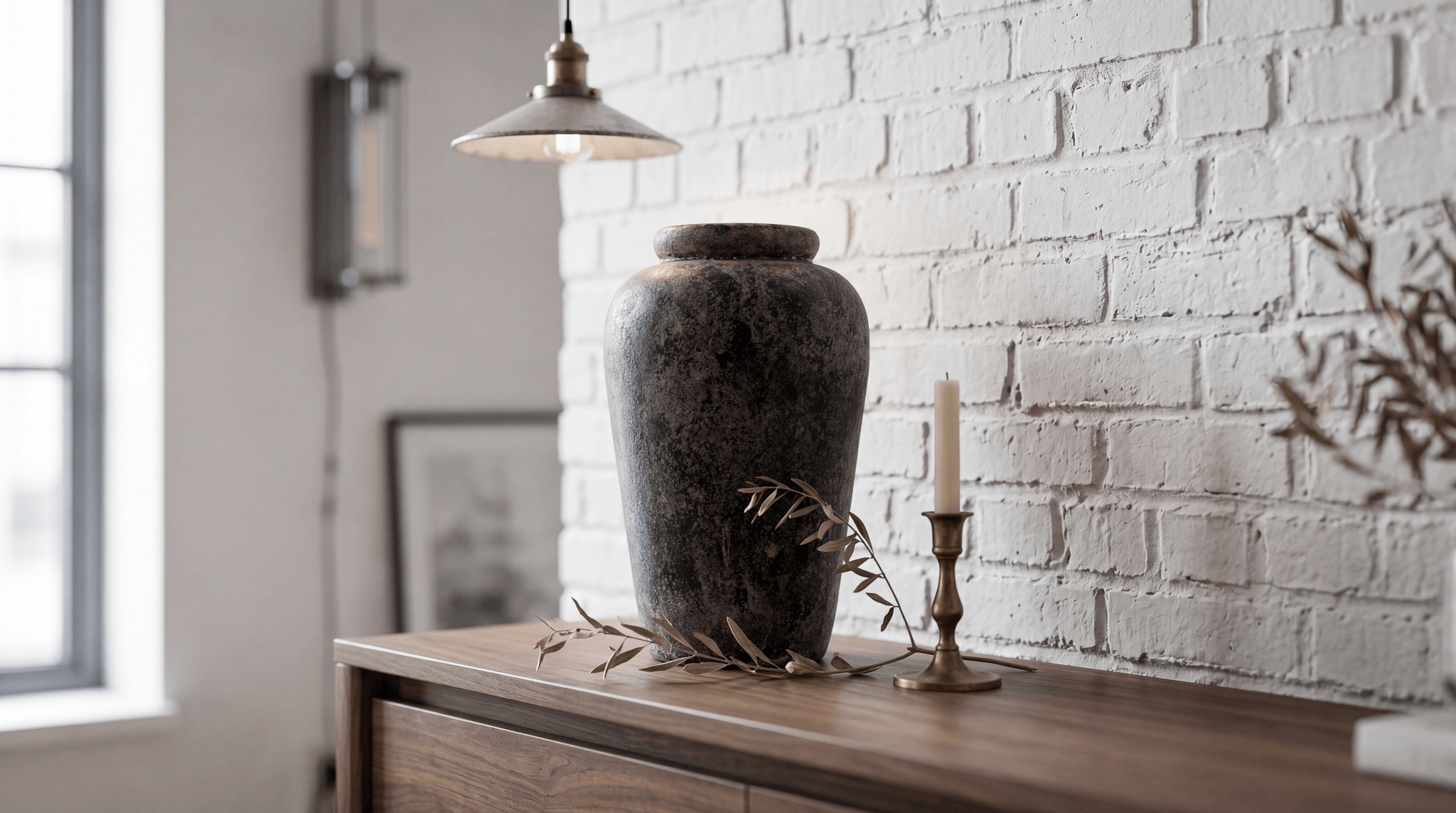 Distressed black ceramic vase styled on a wood console against a white brick wall