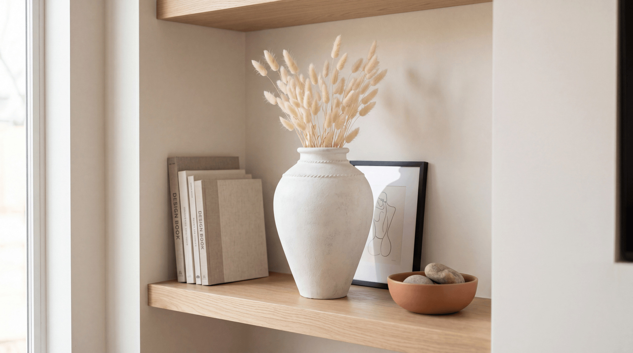 White ceramic vase for home decor styled with dried bunny tails and books on a built-in shelf